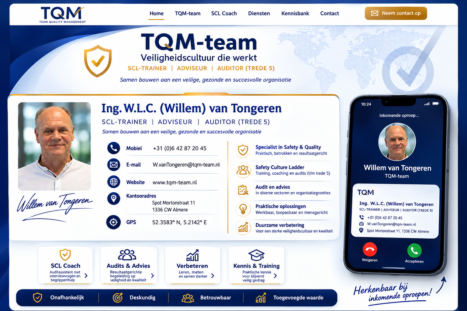 TQM-team presentatie van Willem van Tongeren met contactgegevens, expertise en herkenbaarheid bij inkomende oproepen